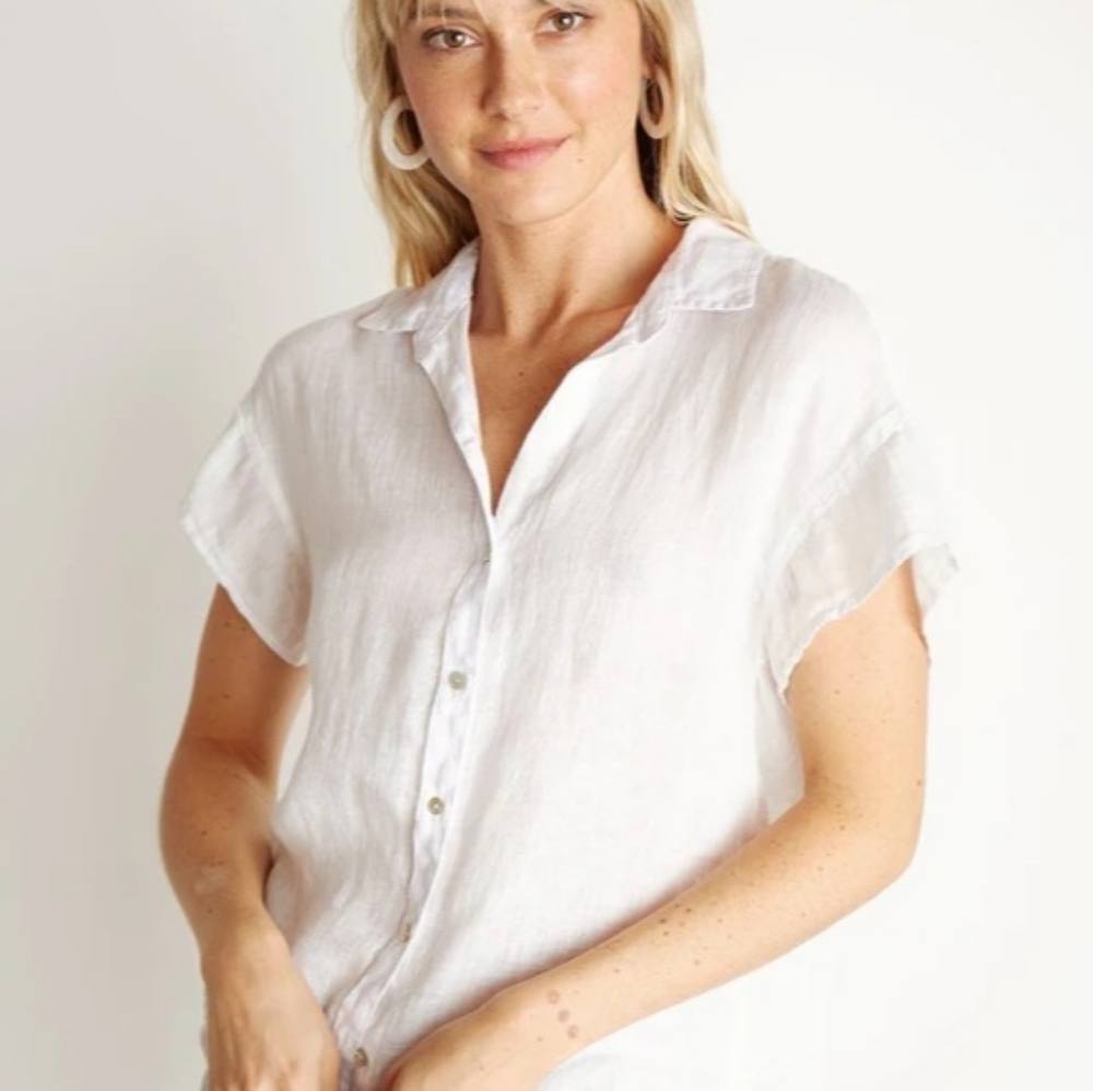 Bella Dahl NEW White Linen Ruffled Short Sleeve Top Shirt Blouse Size Medium - Picture 2 of 15